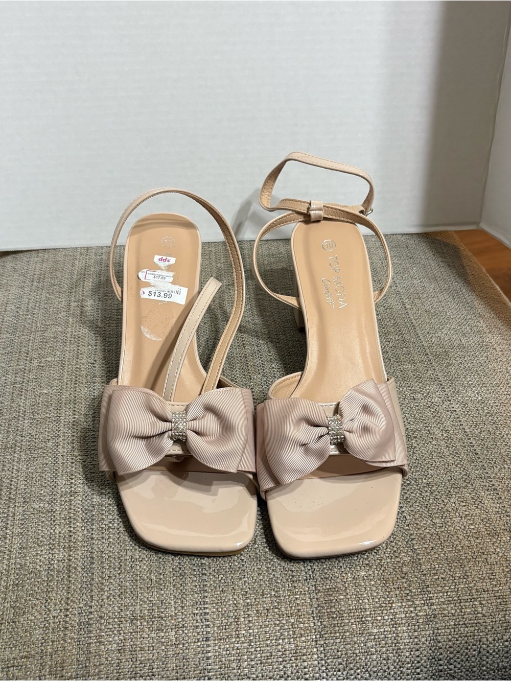 TOP Moda Nude Bow Ankle-Strap Block Heel Sandals Size 10